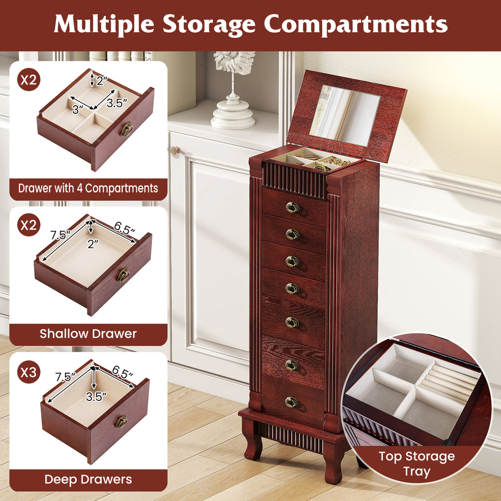 Wooden jewelry armoire cabinet in brown with 7 drawers and mirror, ideal for organizing various types of jewelry.