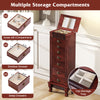 Wooden jewelry armoire cabinet in brown with 7 drawers and mirror, ideal for organizing various types of jewelry.