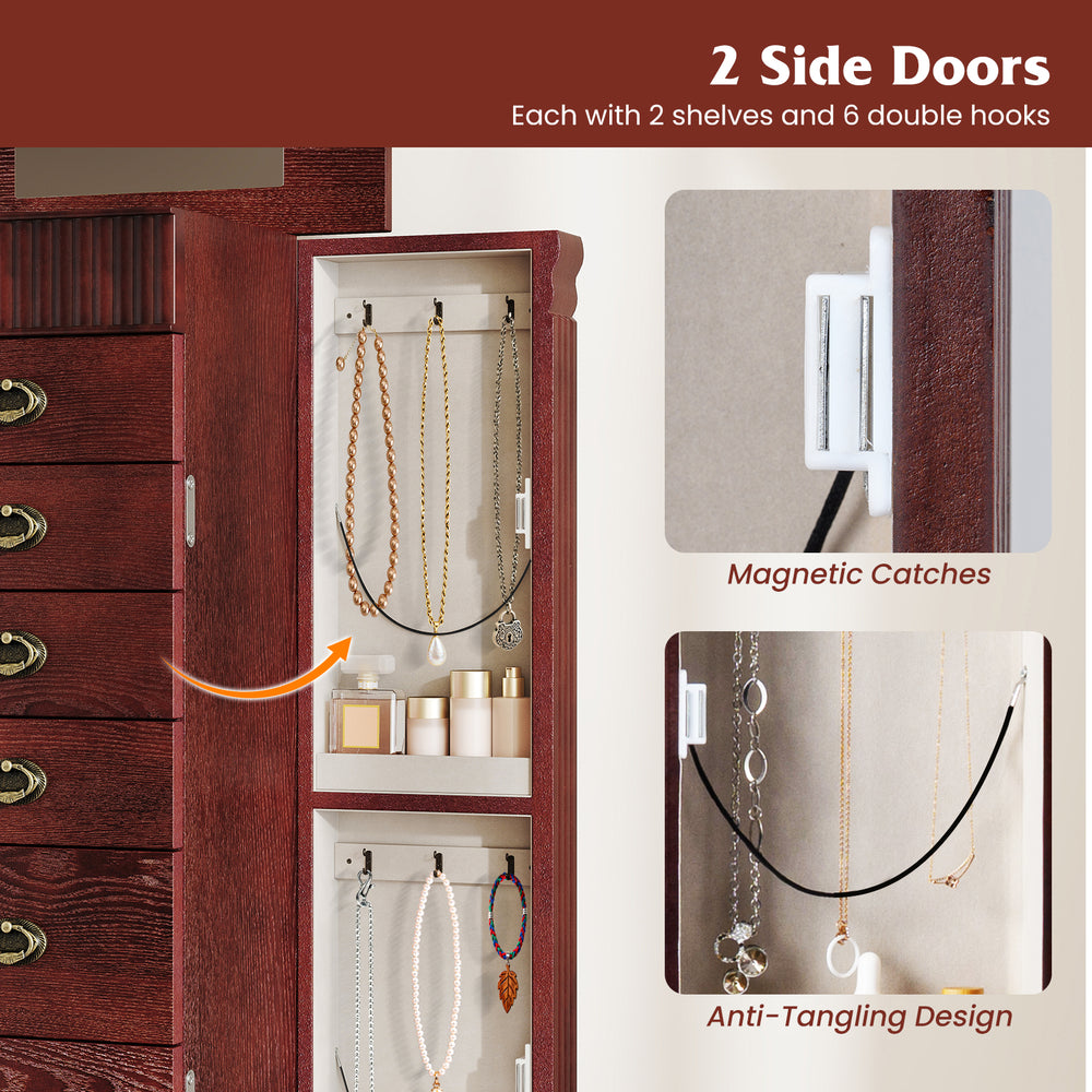 Wooden jewelry armoire cabinet with two side doors, featuring shelves and hooks for organized jewelry storage.