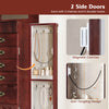 Wooden jewelry armoire cabinet with two side doors, featuring shelves and hooks for organized jewelry storage.