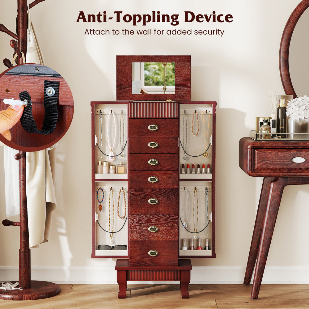 Wooden jewelry armoire cabinet in brown with an anti-toppling device for added security and stability.