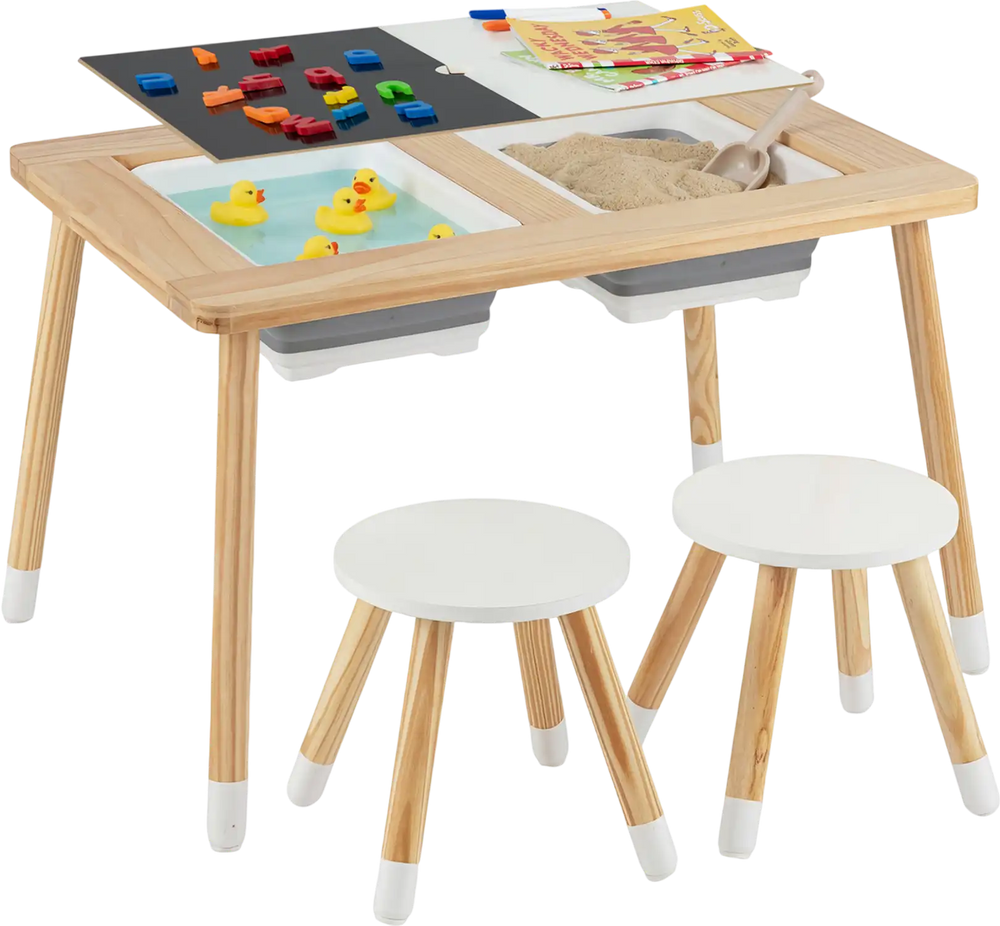 Wooden kids activity table set with chalkboard and whiteboard surfaces, featuring natural pine wood and foldable.