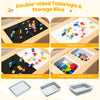 Wooden kids activity table set featuring double-sided chalkboard and whiteboard surfaces, with foldable storage bins.