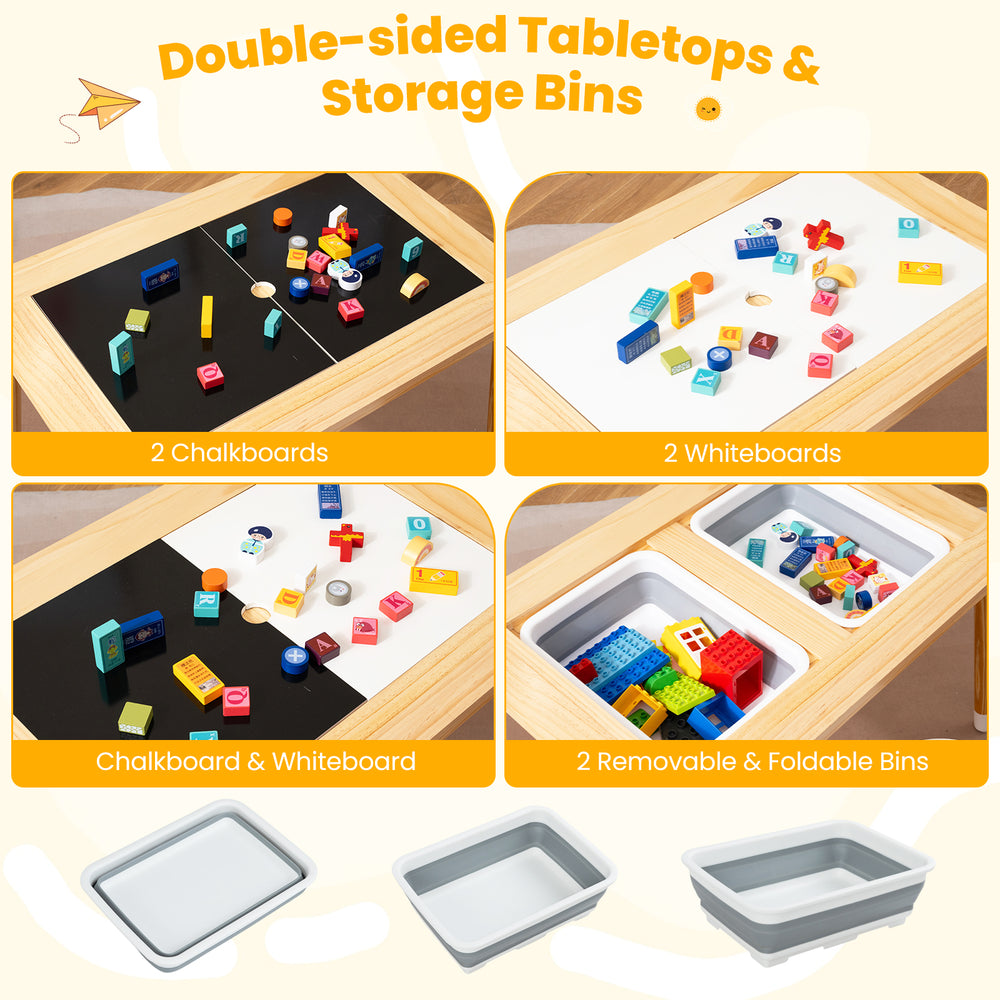 Wooden kids activity table set featuring double-sided chalkboard and whiteboard surfaces, with foldable storage bins.
