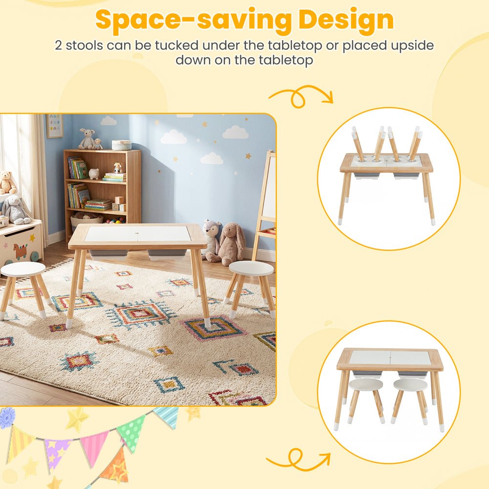 Wooden kids activity table set with double-sided boards, featuring a space-saving design for playrooms and.