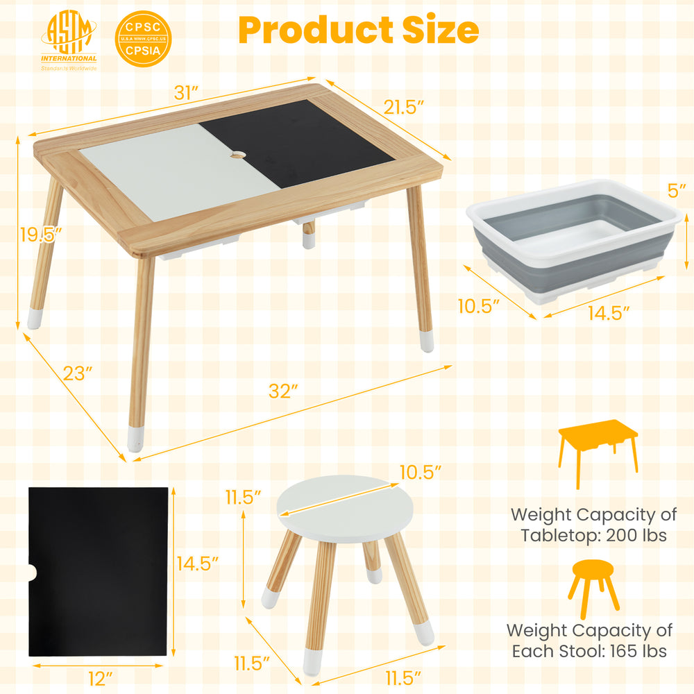 Wooden kids activity table set with double-sided chalkboard and whiteboard surfaces, ideal for playrooms and learning.