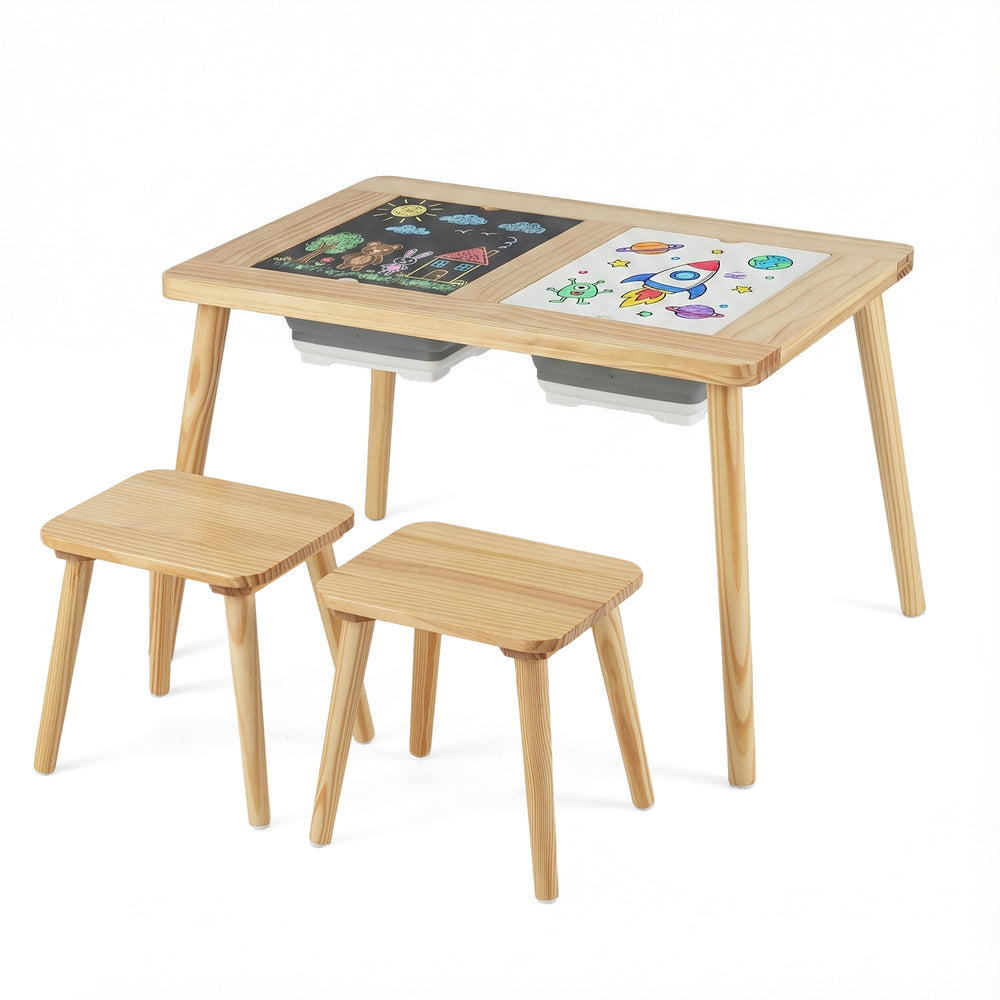 Wooden kids activity table set with chalkboard and whiteboard surfaces, includes two foldable storage bins for toys.
