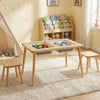 Wooden kids activity table set with two foldable storage bins in natural pine, perfect for playrooms and creative.