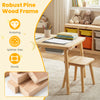 Wooden kids activity table set with natural pine wood frame, featuring chalkboard surfaces and foldable storage bins.