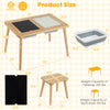 Wooden kids activity table set featuring chalkboard and whiteboard surfaces, with foldable storage bins for playroom.