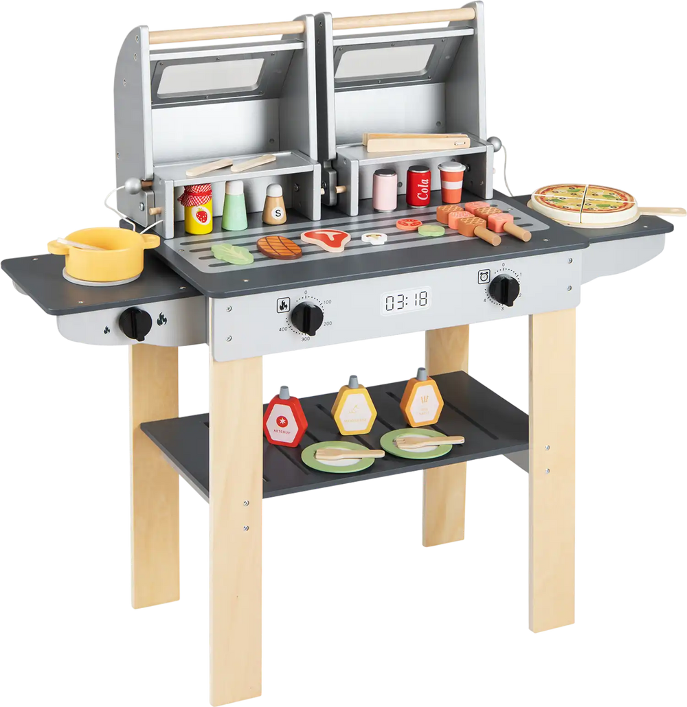Wooden Kids Barbecue Grill Playset Kids Toy Grill with Abundant Grilling Tools and Play Foods