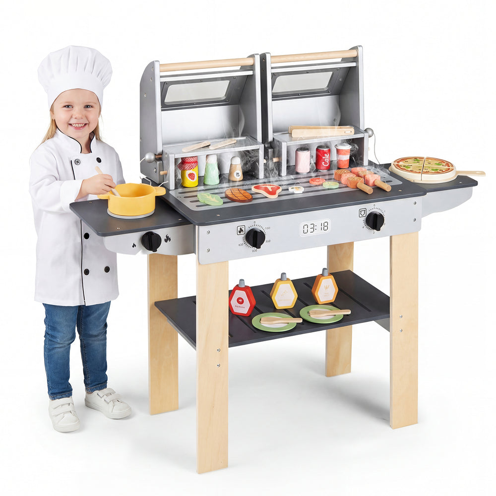 Wooden kids barbecue grill playset with abundant grilling tools, featuring two compartments and a bottom shelf for.