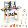 Wooden kids barbecue grill playset with utensils, play foods, and storage, promoting imaginative play and fine motor.