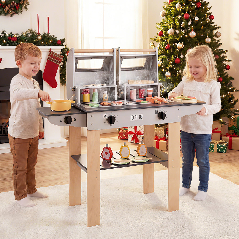 Wooden kids barbecue grill playset with grilling tools and play foods, perfect for imaginative cooking fun.