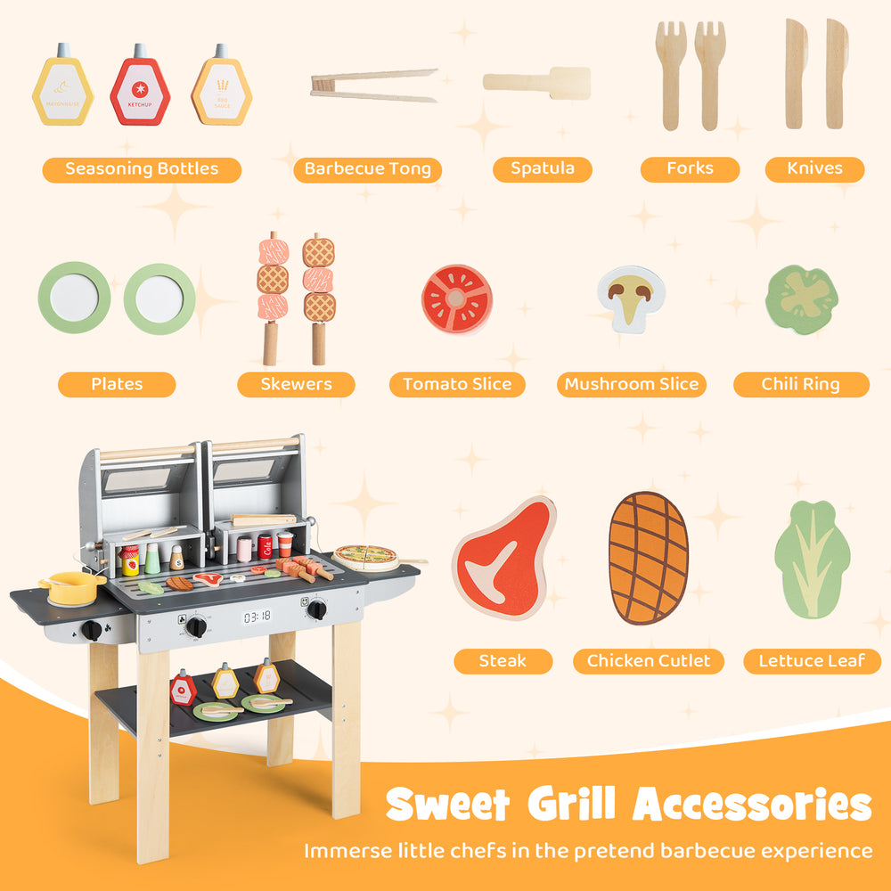 Colorful barbecue accessories including seasoning bottles, spatula, and utensils for imaginative play in the wooden.