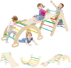 5-in-1 wooden kids climber with multicolor ramp, featuring a stable triangular structure for climbing and sliding fun.