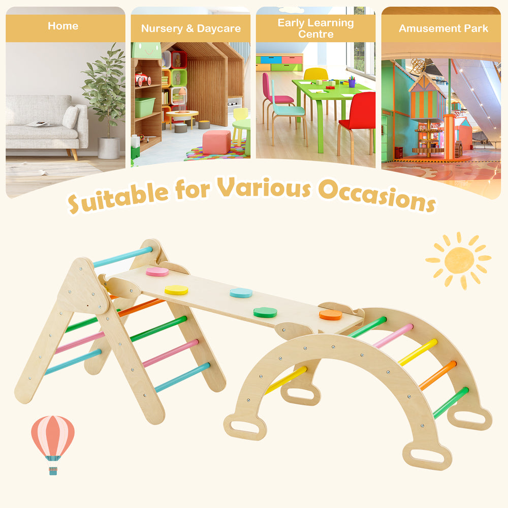 5-in-1 wooden kids climber with multicolor ramp, adjustable heights, ideal for toddlers' motor skills development.