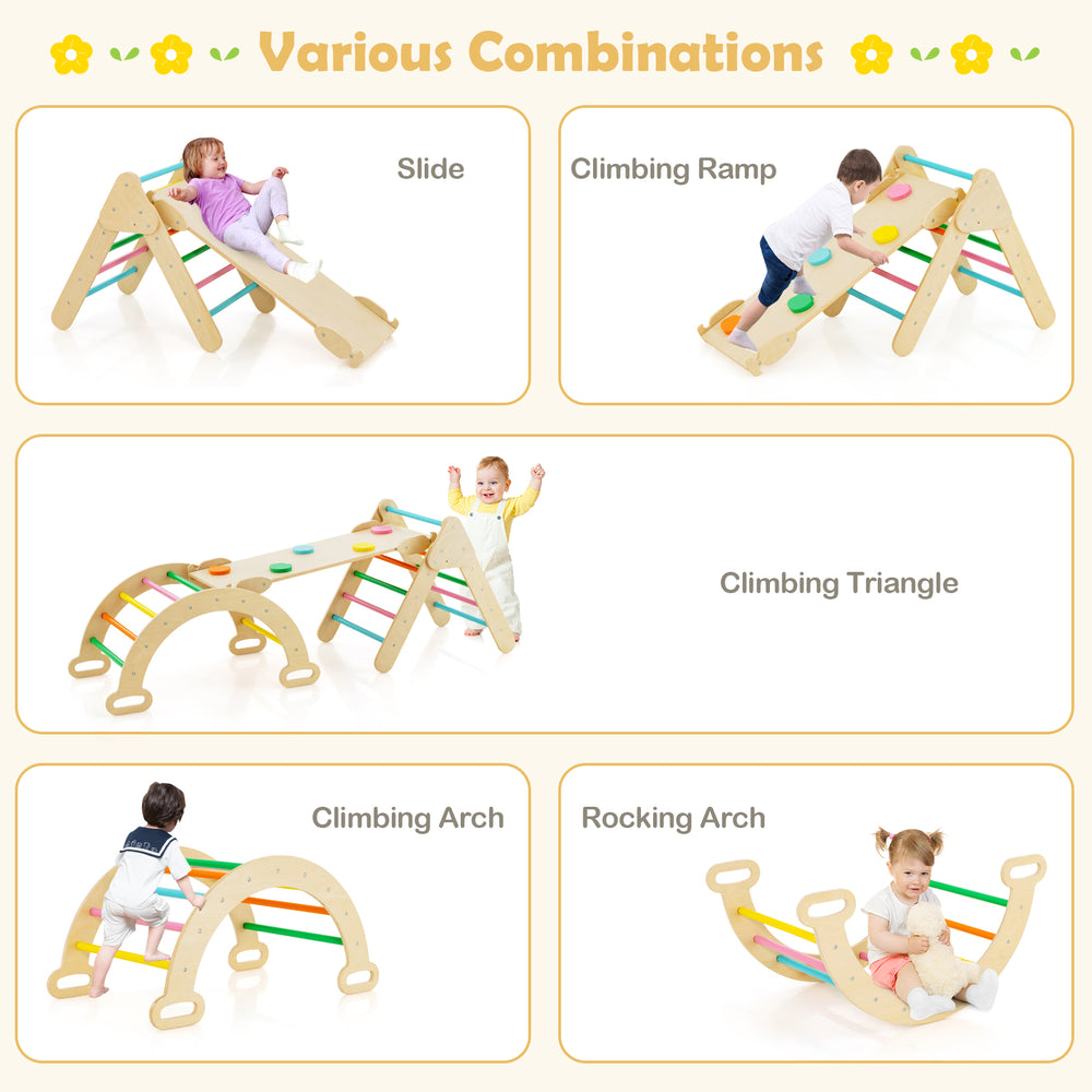 5-in-1 wooden kids climber featuring a climbing triangle, ramp, and arch for versatile play and motor skill development.