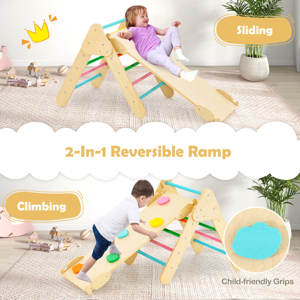 Wooden kids climber with multicolor 2-in-1 ramp for sliding and climbing, designed for toddlers aged 1+.
