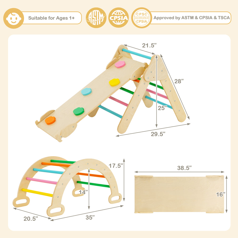 5-in-1 wooden kids climber with multicolor ramp and adjustable triangle arch for climbing, sliding, and rocking fun.