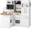 Wooden kid's corner kitchen playset with stove, microwave, and washing machine for toddlers, ideal for imaginative play.