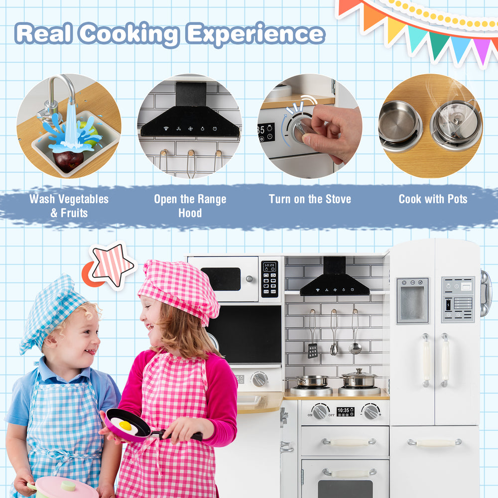 Wooden kid's kitchen playset with stove, realistic features, and ample storage for imaginative cooking play.