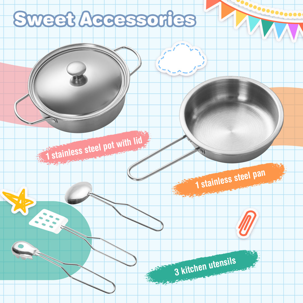 Stainless steel pot with lid and pan, part of the Wooden Kid's Corner Kitchen Playset for toddlers' cooking fun.