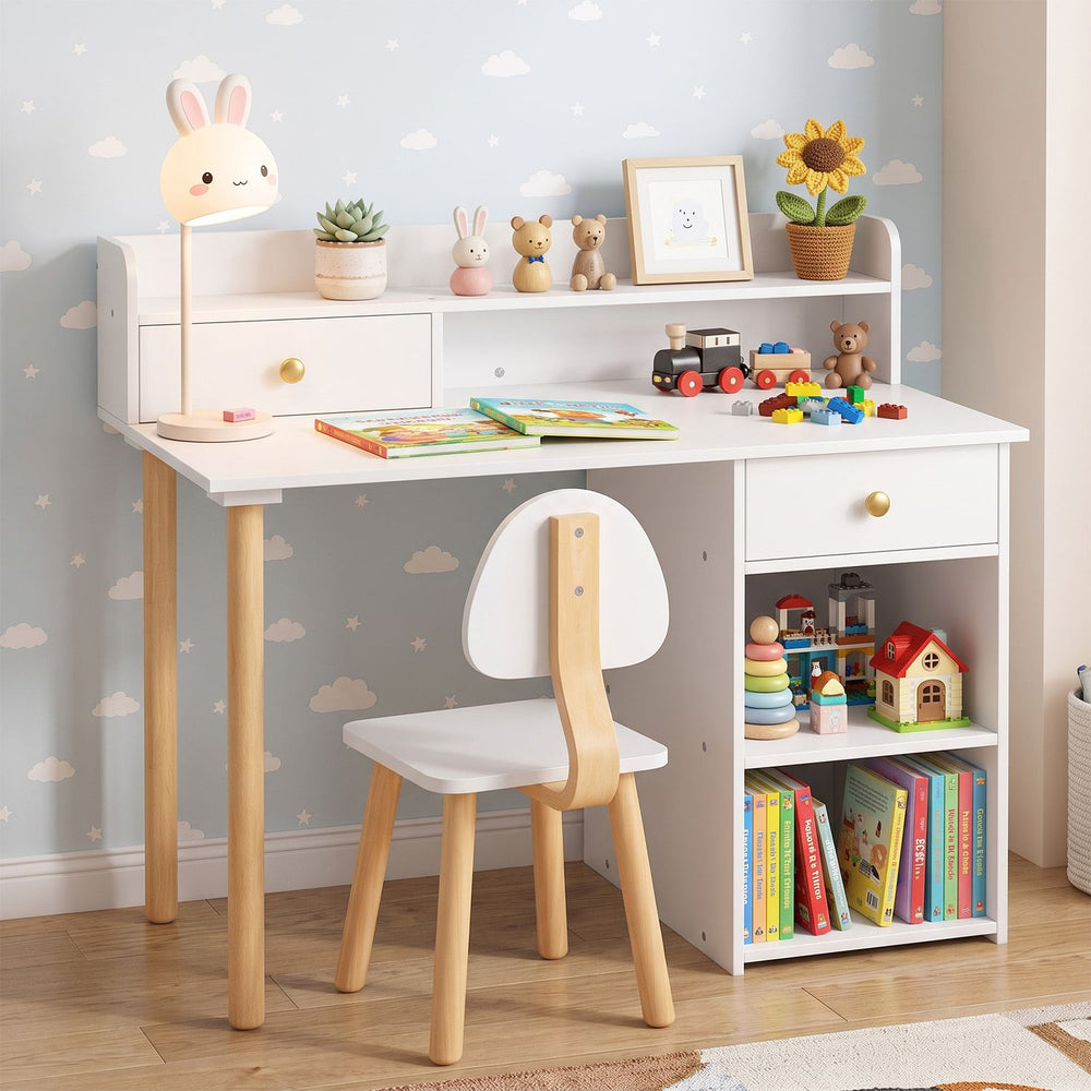 Wooden Kids Desk and Chair Set with Hutch and Drawer for Bedroom-White - Gallery View 1 of 10
