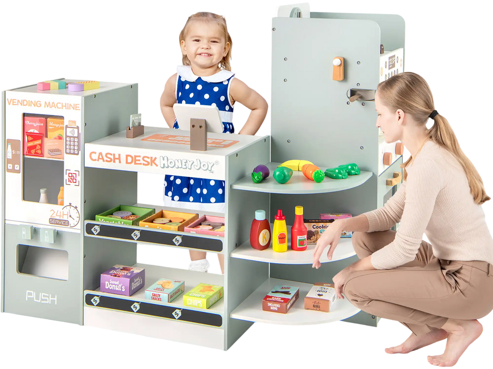 Wooden kids grocery store playset in green with checkout counter, vending machine, and 30 accessories for imaginative.