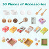Colorful set of 30 wooden accessories for kids' grocery store playset, including cups, boxes, and play food items.