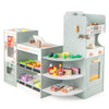 Wooden kids grocery store playset in green with vending machine, checkout counter, and interactive accessories for.