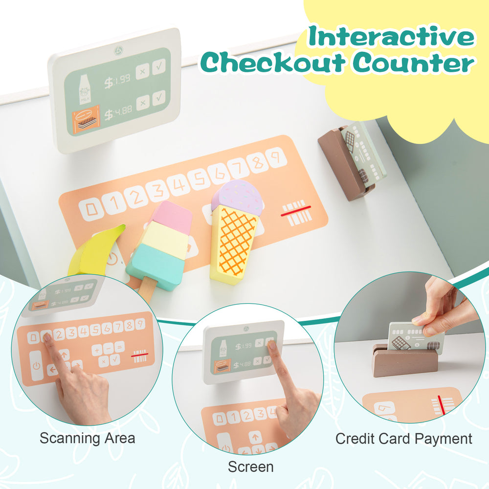 Interactive checkout counter of the Wooden Kids Grocery Store Playset with scanning area and credit card payment.