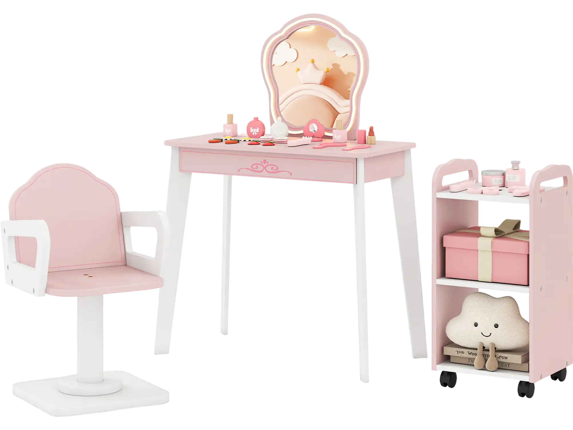Costway Wooden Kids Hair Salon Play Set LED Lighted Mirror 63360228 New