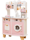 Wooden kids kitchen playset in pink showcasing a washing machine, sink, and cute background board for creative playtime.