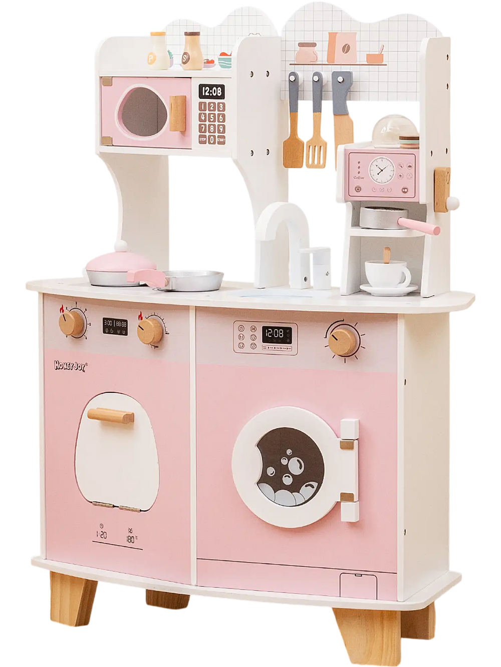 Wooden kids kitchen playset in pink showcasing a washing machine, sink, and cute background board for creative playtime.
