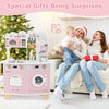 Wooden kids kitchen playset in pink with coffee maker, microwave, and oven, perfect for imaginative play and fun.