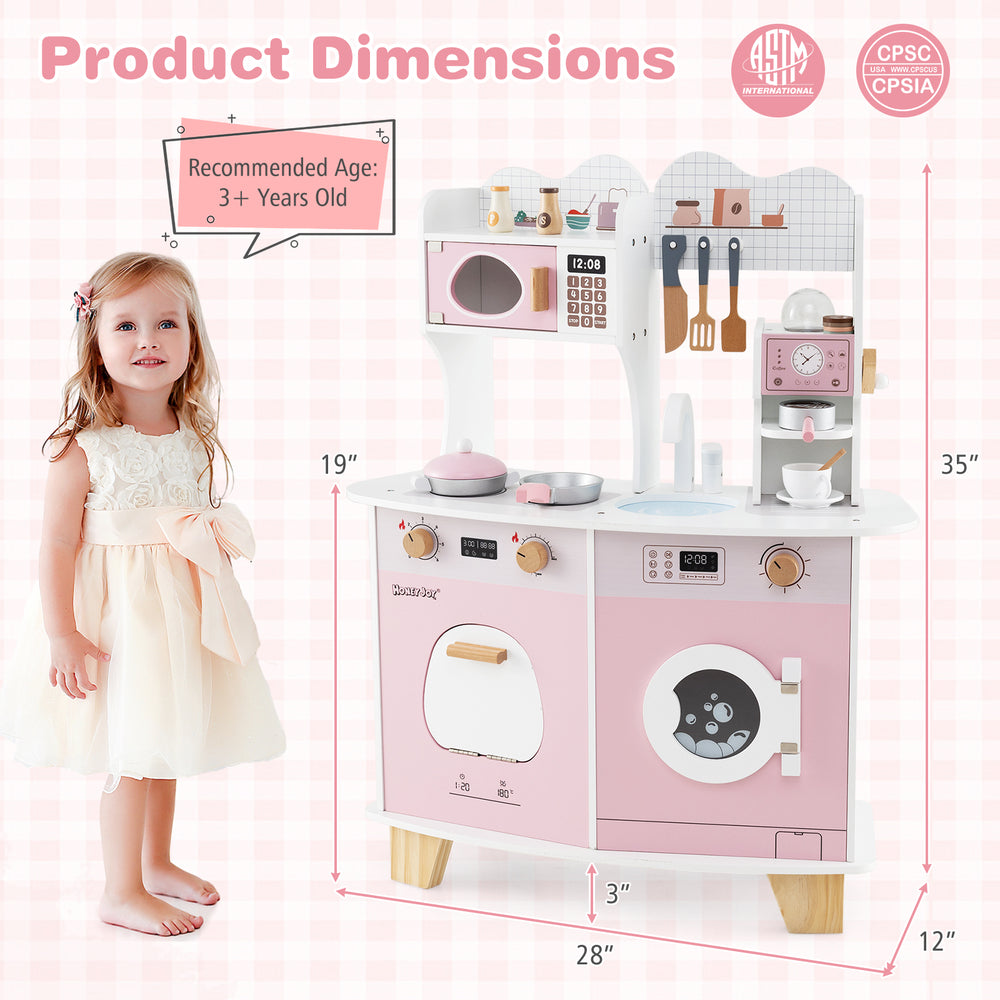 Wooden kids kitchen playset in pink featuring a coffee maker, oven, and utensils rack, perfect for imaginative play.