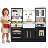 Front view of the Wooden Kids Kitchen Playset in black, showcasing the realistic stove, sink, and interactive elements.