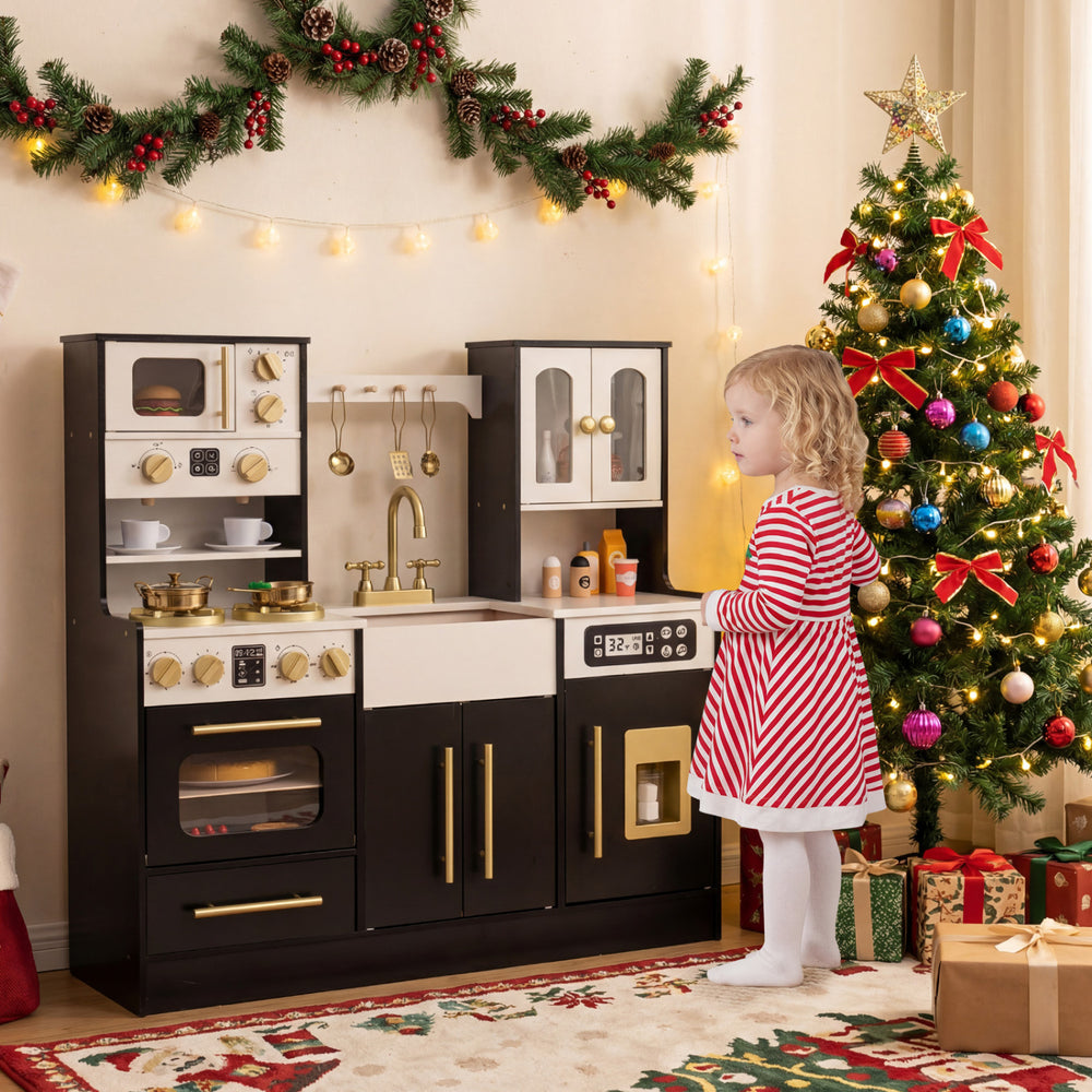 Close-up of the Wooden Kids Kitchen Playset's realistic microwave and coffee maker, enhancing imaginative cooking.