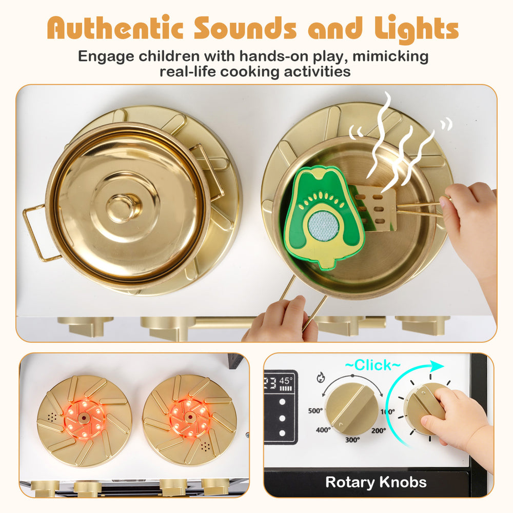 Wooden kids kitchen playset featuring two stoves with realistic lights and sounds, perfect for imaginative cooking play.
