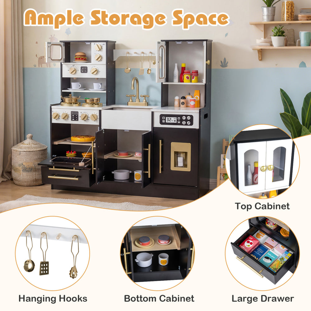 Wooden kids kitchen playset in black featuring ample storage with top cabinet, hanging hooks, and a large drawer for.