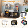 Wooden kids kitchen playset in black featuring ample storage with top cabinet, hanging hooks, and a large drawer for.