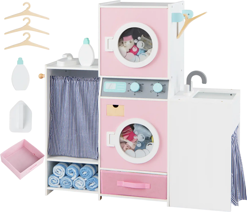 Wooden kids laundry playset in pink with washing machines, sink, detergent bottle, and hangers for imaginative role.