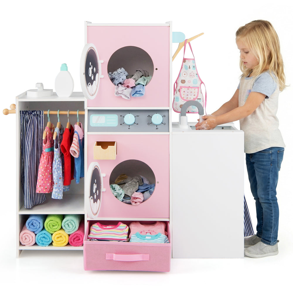Wooden kids laundry playset in pink with washing machines, sink, and accessories for imaginative role play and fine.