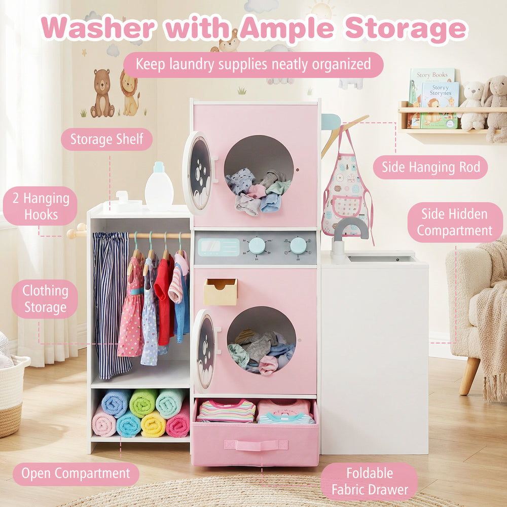 Wooden kids laundry playset in pink with washing machines, storage compartments, and accessories for imaginative play.