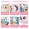 Kids laundry playset in pink featuring an upper washing machine, built-in ironing board, and detergent tank for.