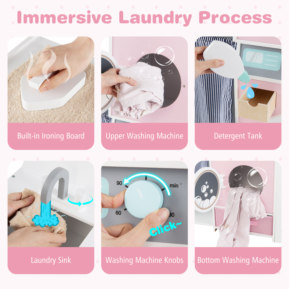 Kids laundry playset in pink featuring an upper washing machine, built-in ironing board, and detergent tank for.