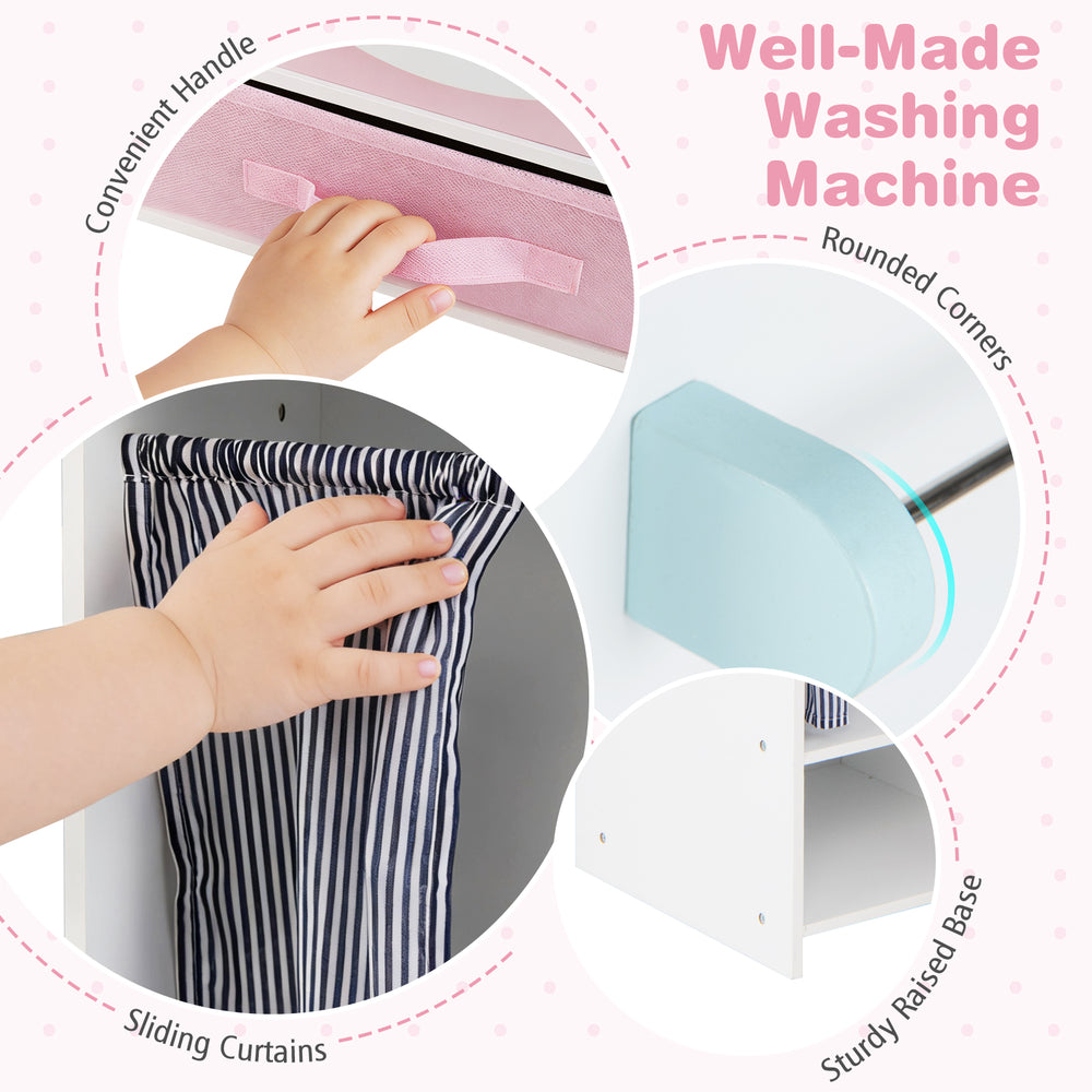 Wooden kids laundry playset with sliding curtains, convenient handle, and sturdy raised base for imaginative play.