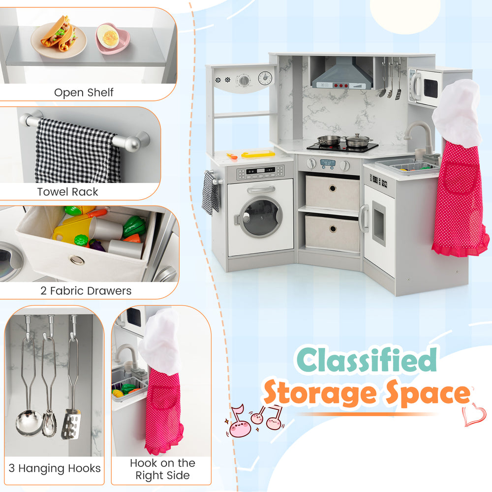 Wooden kids play kitchen playset in gray featuring realistic lights, sounds, and ample storage for imaginative play.