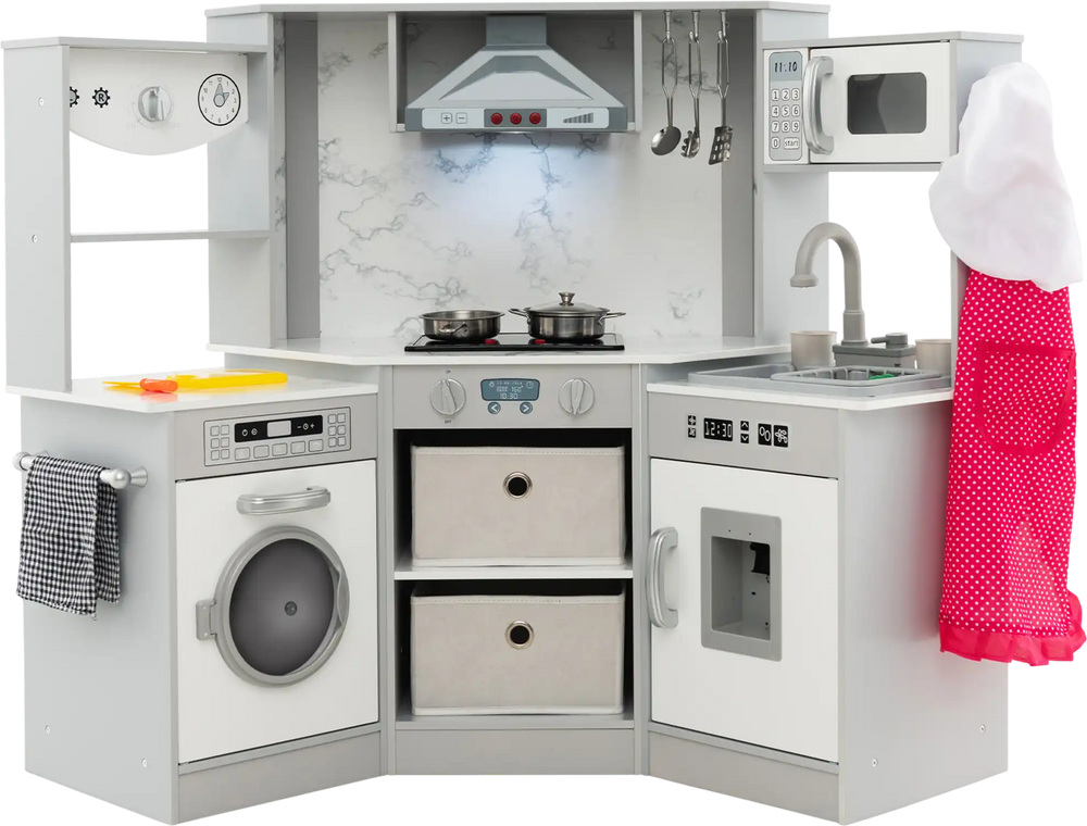 Wooden kids play kitchen playset in gray with realistic lights, sounds, and accessories for imaginative play.